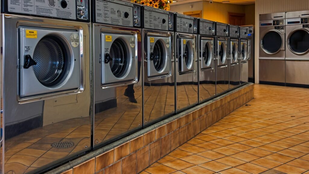 Row of washing machines at a laundromat in Walden, New York