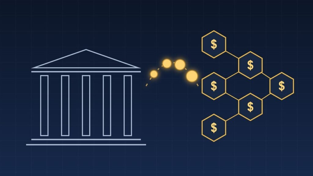Illustration of money flowing from a bank building into a network of dollar stablecoin tokens